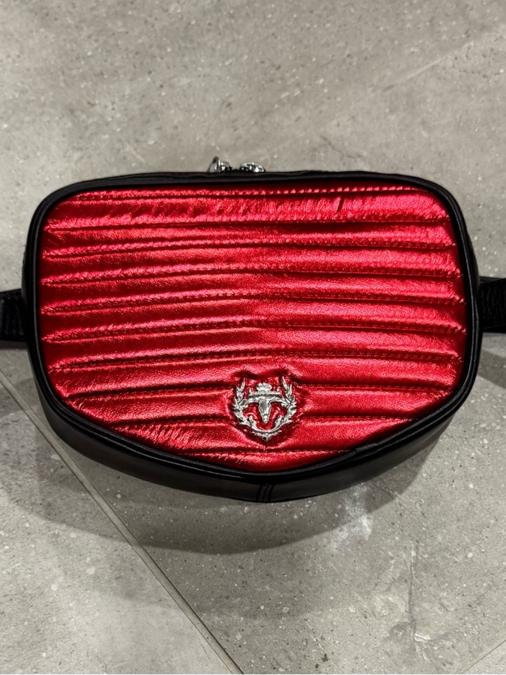 Quilted Red Satin Rudsak Belt Bag with Silver Crest